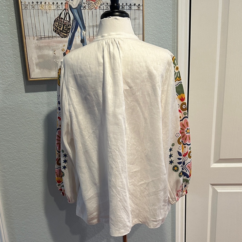 Boden Sz 20/22 Linen Blouse with Multicolor Printed Sleeves - Picture 6 of 10